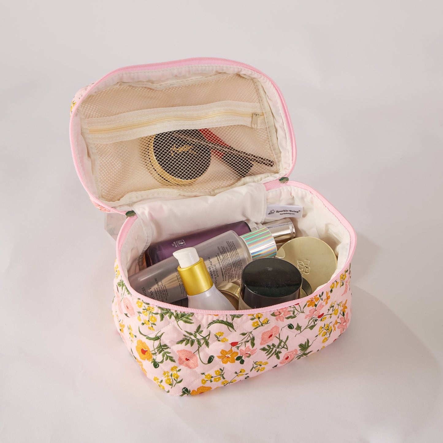 Flower Trail Floral Quilted Makeup Bag - Small Pouch Travel Toiletry Organizer