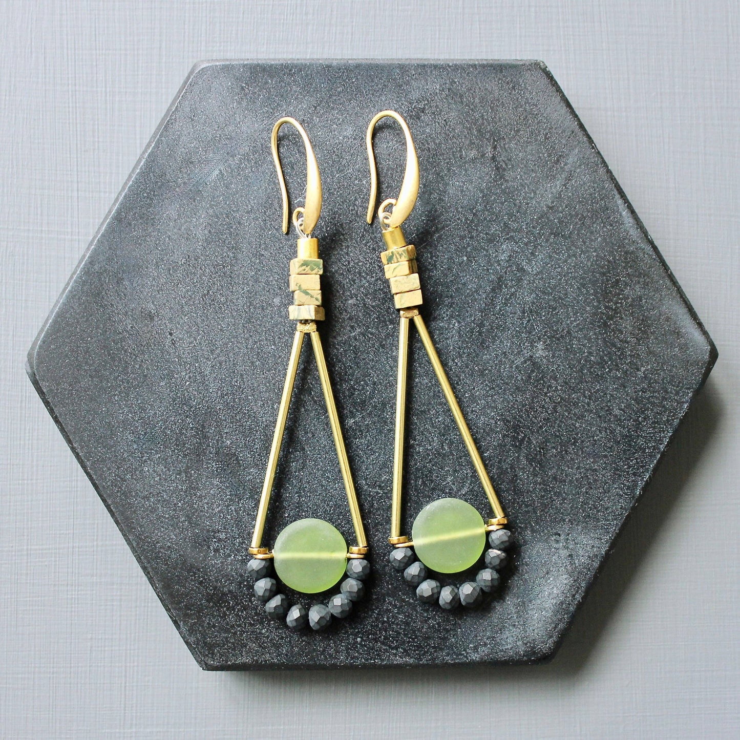 David Aubrey Jewelry - Olivine Glass Geometric Dangle Earrings
