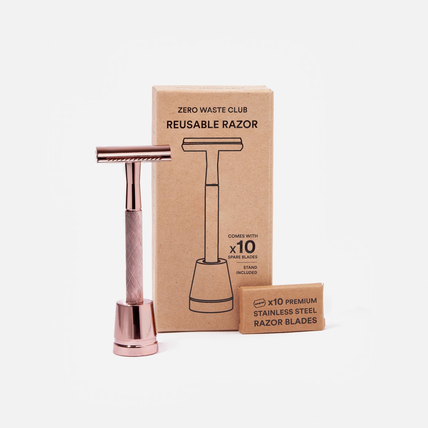 Reusable Safety Razor with Stand - 10 Blades Included: Matte Silver