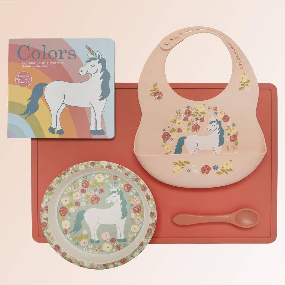 Sugarbooger by Ore’ Originals - Fresh & Messy
Silicone Bib & Spoon Set | Unicorn