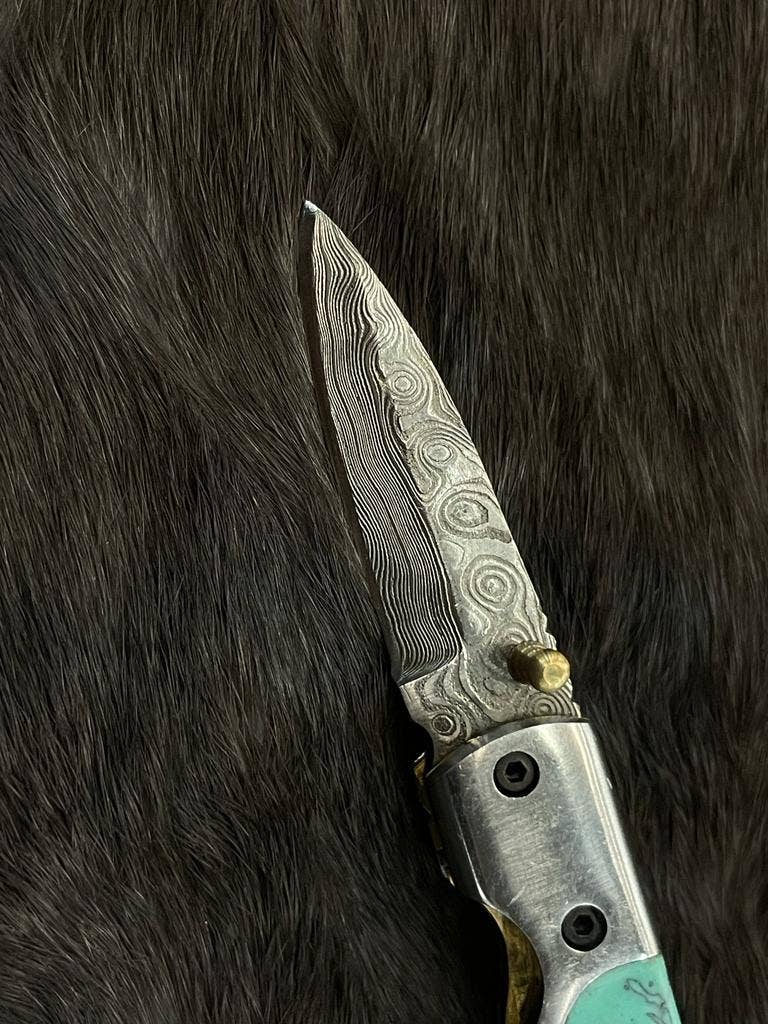 Titan International - AzureGlide Damascus Steel Turquoise (Resin) Pocket Knife