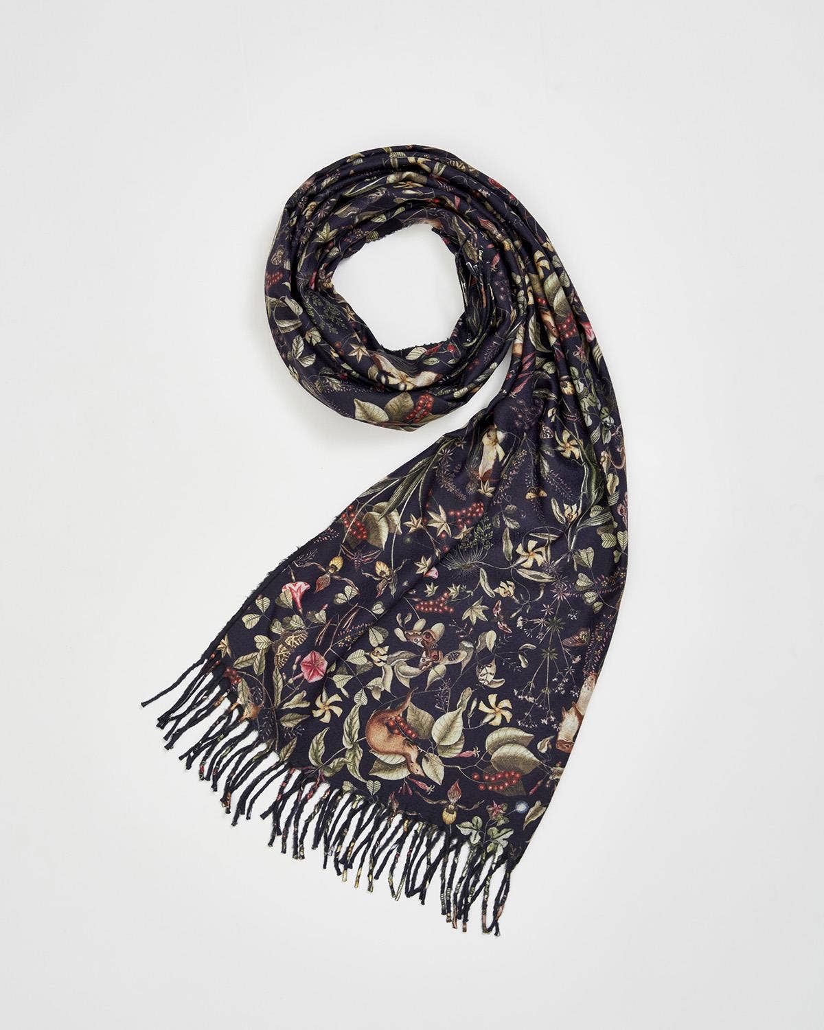 Fable England - FABLE Wolf Garden Navy Scarf with Tassels