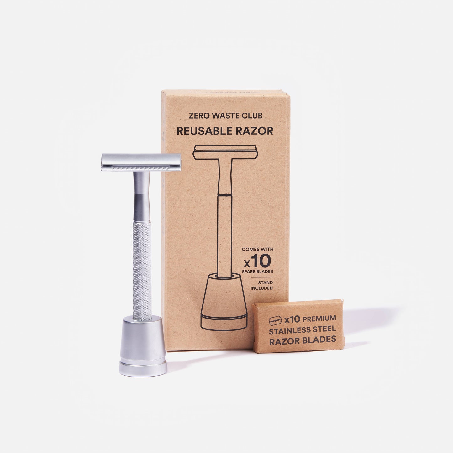 Reusable Safety Razor with Stand - 10 Blades Included: Matte Grey