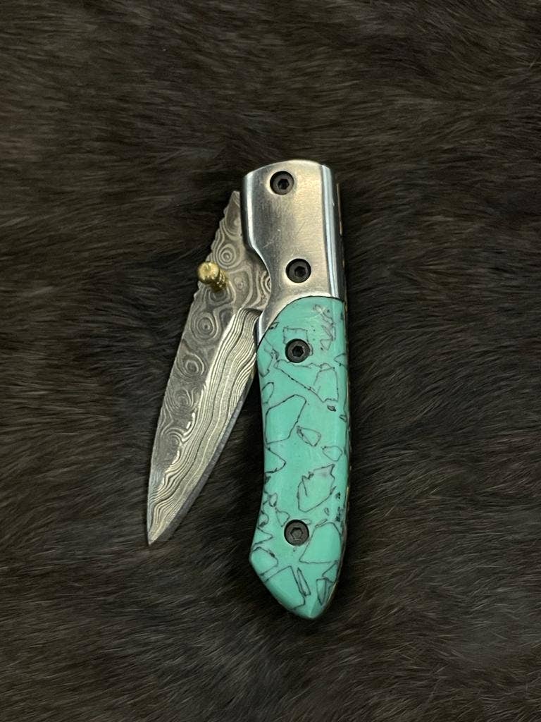Titan International - AzureGlide Damascus Steel Turquoise (Resin) Pocket Knife