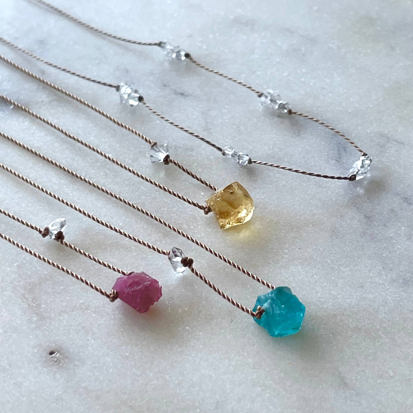 Soulsilk - Raw Pink Tourmaline and Herkimer Diamond Necklace