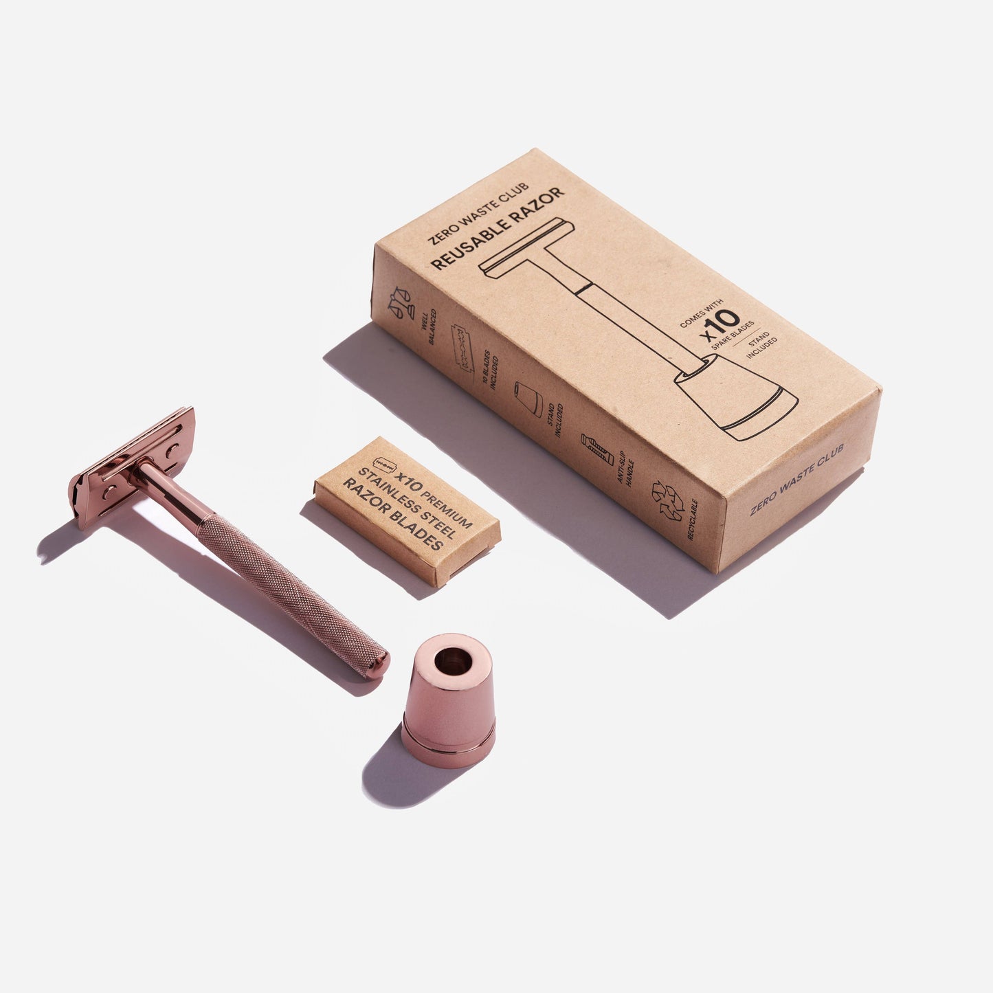Reusable Safety Razor with Stand - 10 Blades Included: Matte Silver