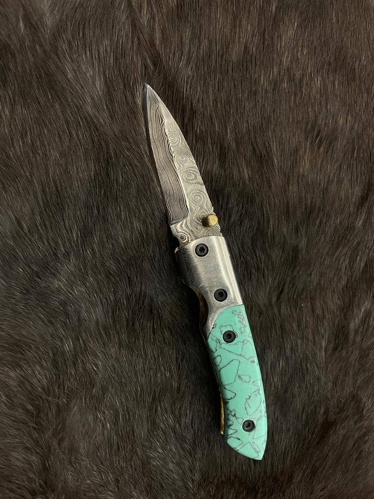 Titan International - AzureGlide Damascus Steel Turquoise (Resin) Pocket Knife