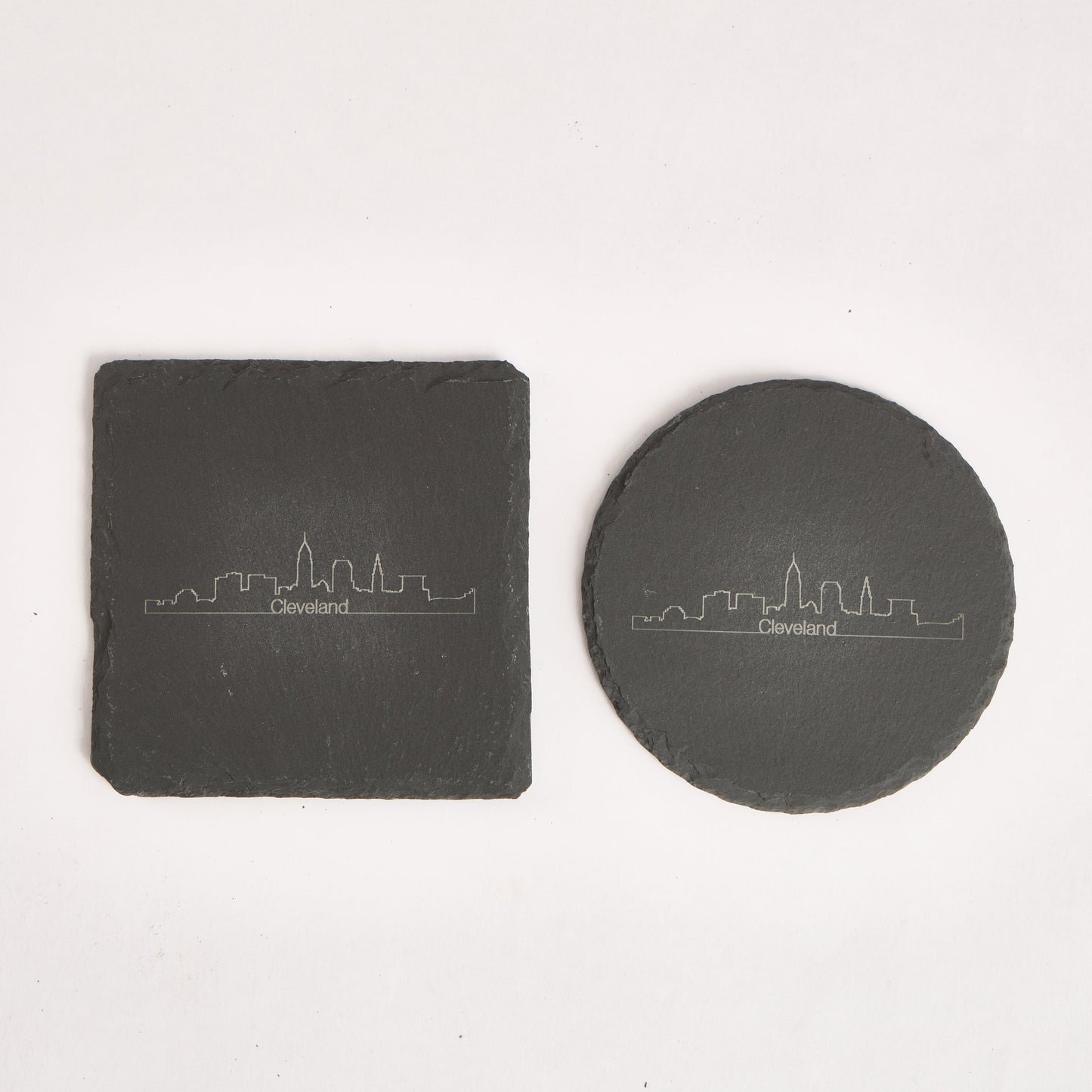 Cleveland Skyline Slate Coaster – 4-Inch Engraved Drink Coaster | Round or Square Natural Stone | Cleveland Souvenir Gift