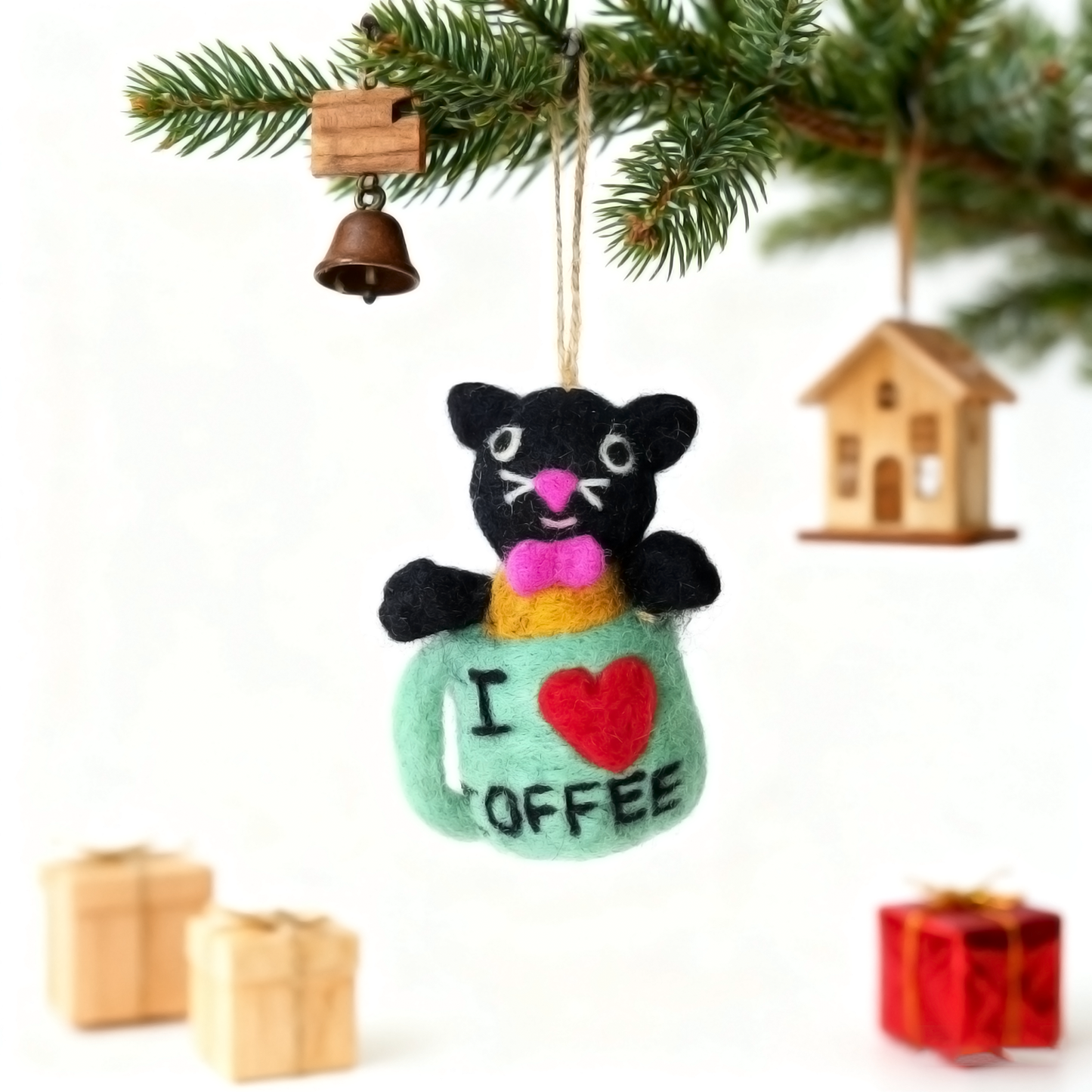 Handmade Black Cat in Mug Wool Felt Ornament