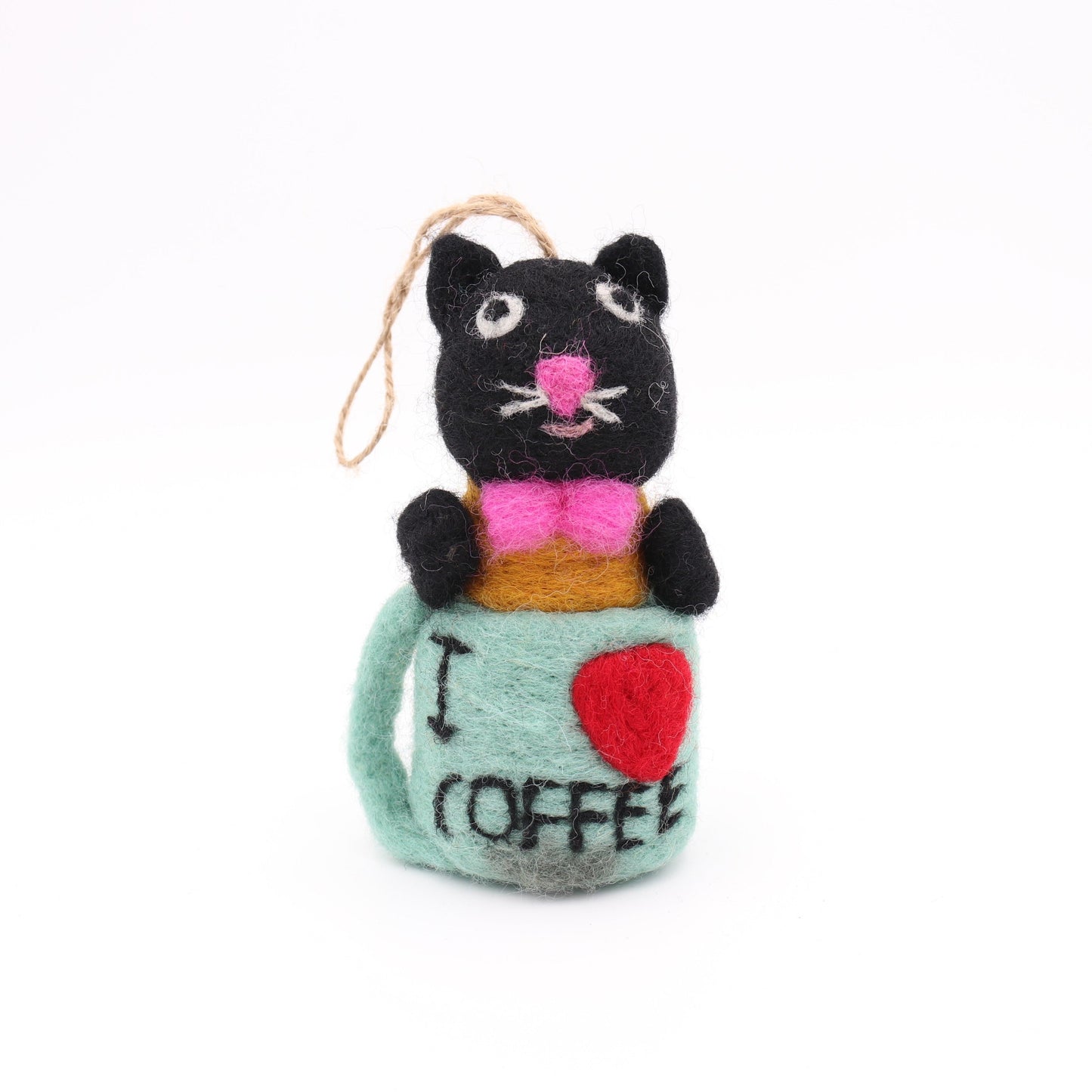 Handmade Black Cat in Mug Wool Felt Ornament
