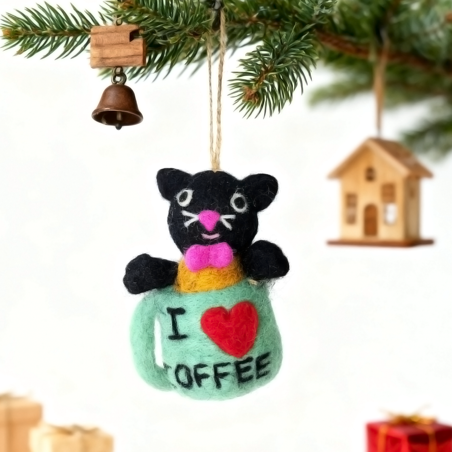 Handmade Black Cat in Mug Wool Felt Ornament