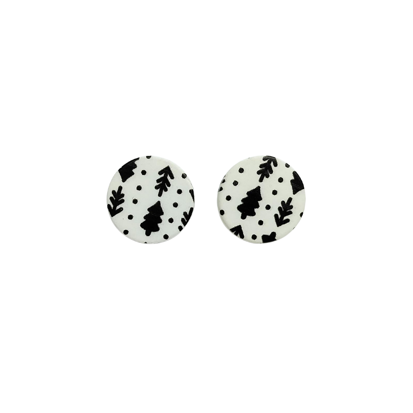 Black Leaf Pattern Round Acrylic Stud Earrings