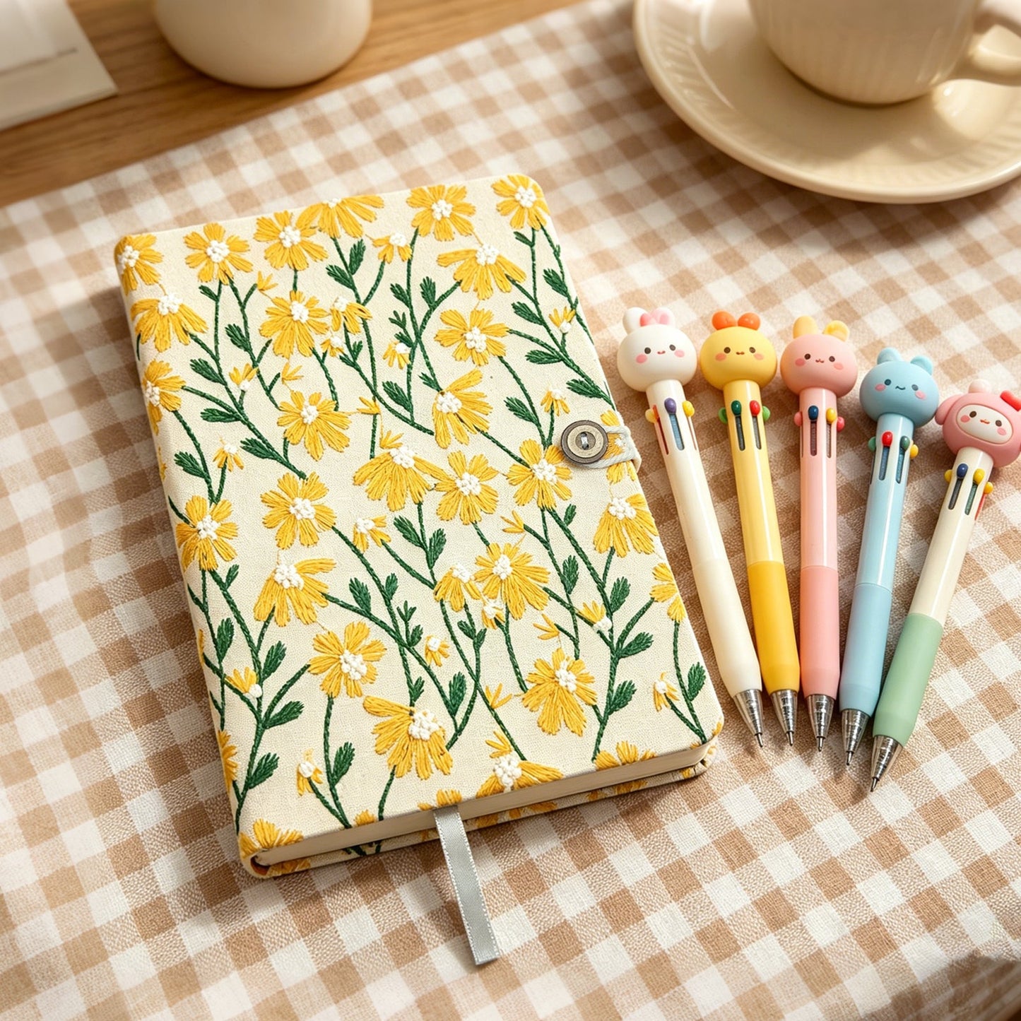 Embroidered Yellow Daisy Fabric Journal with Button Closure