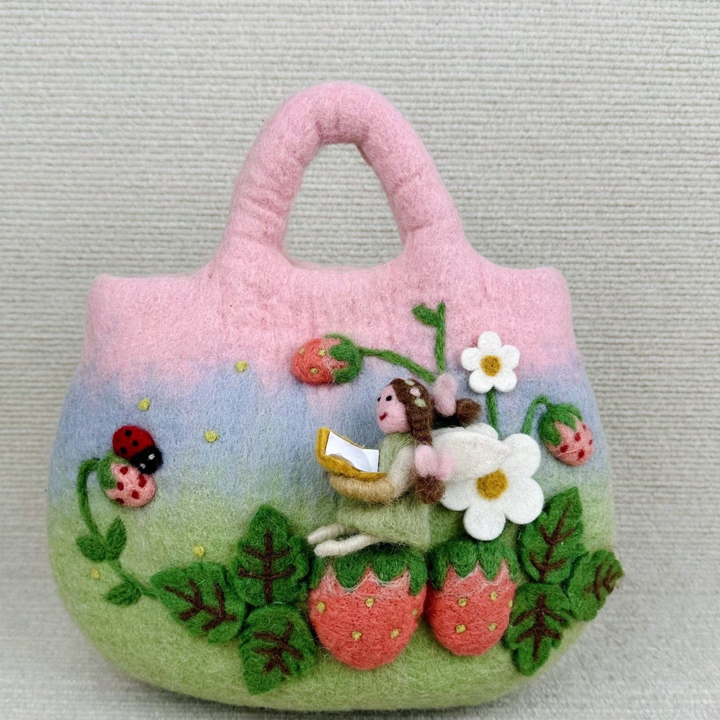 Whimsical Strawberry Elf Wool Felt Handbag - Handcrafted Forest Fantasy Purse