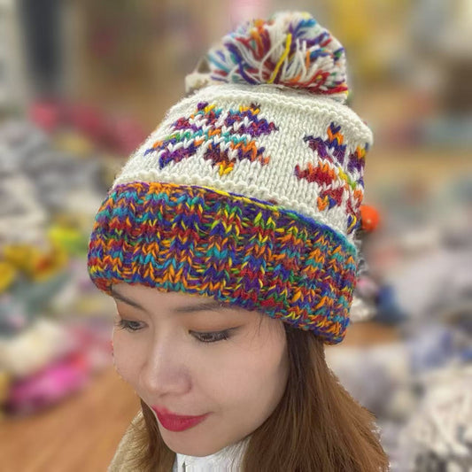 Handmade Wool Knitted Hat - White Snowflake