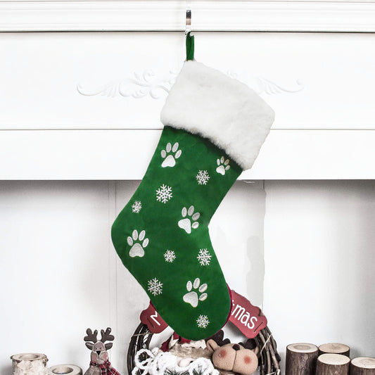 Green Stocking - White Pawprints