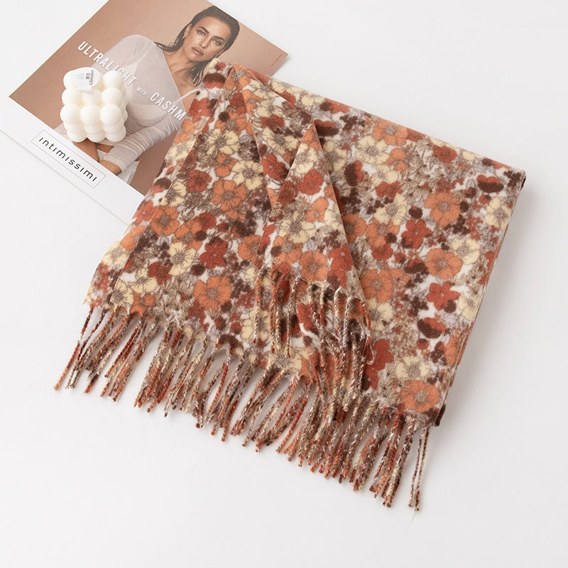 Autumn & Winter flower pattern tassel scarf