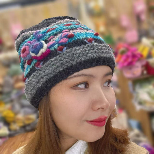 Handmade Wool Knitted Hat - Dark Gray Flowers
