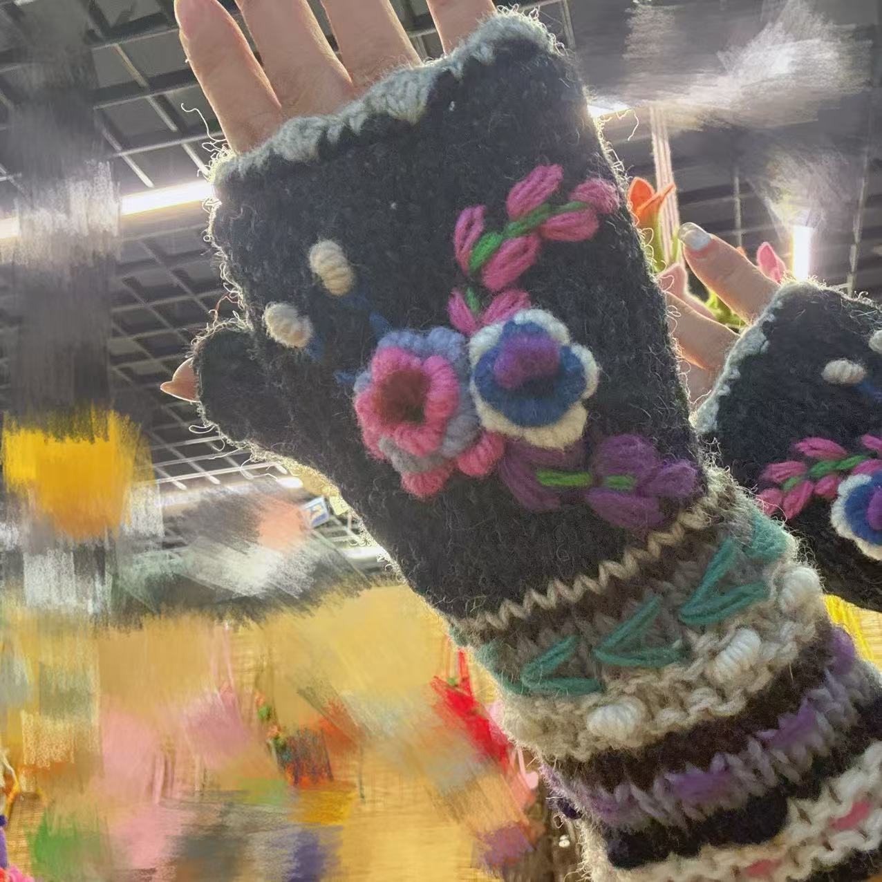 Handmade Wool Knitted Gloves - Black Flowers