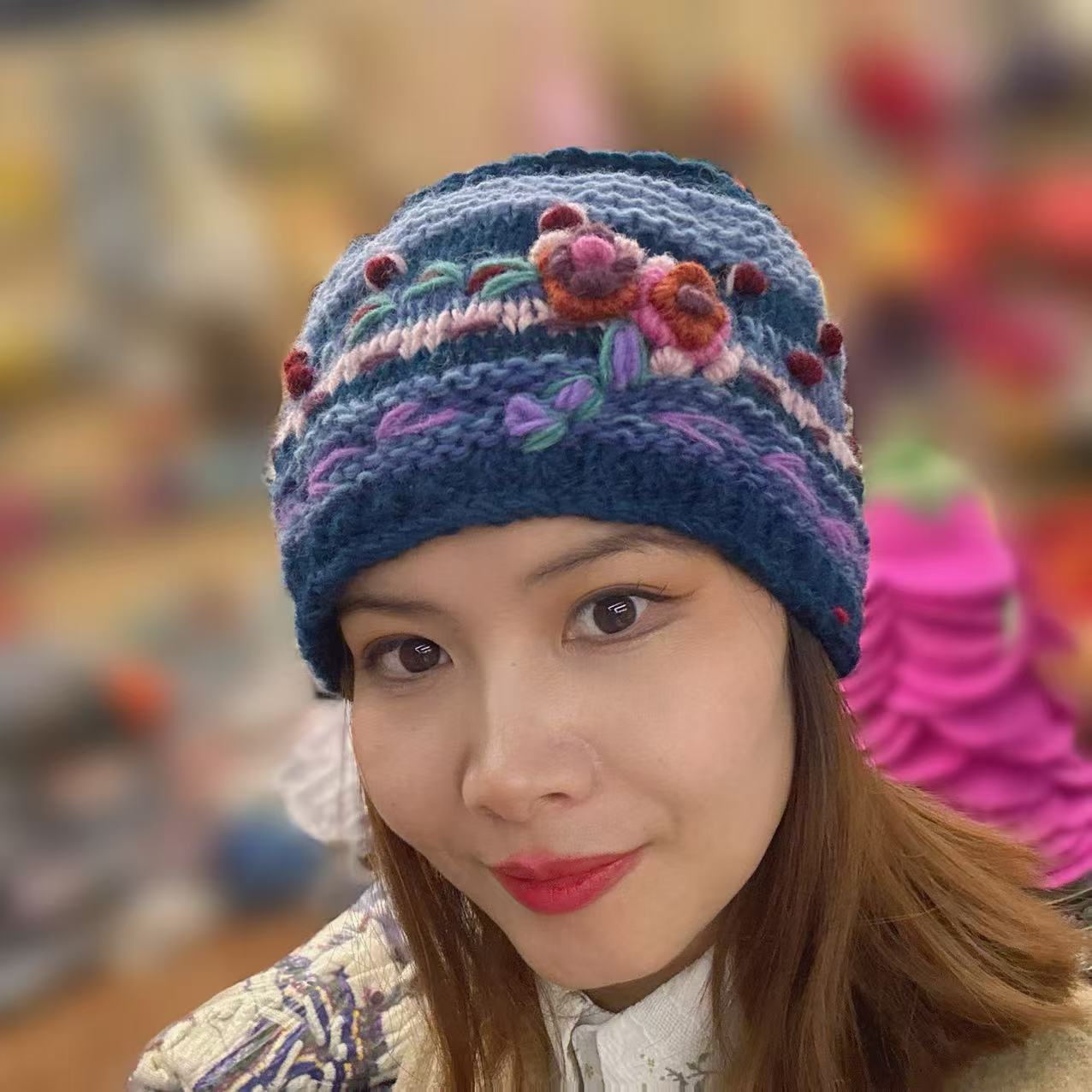 Handmade Wool Knitted Hairband - Blue Flower