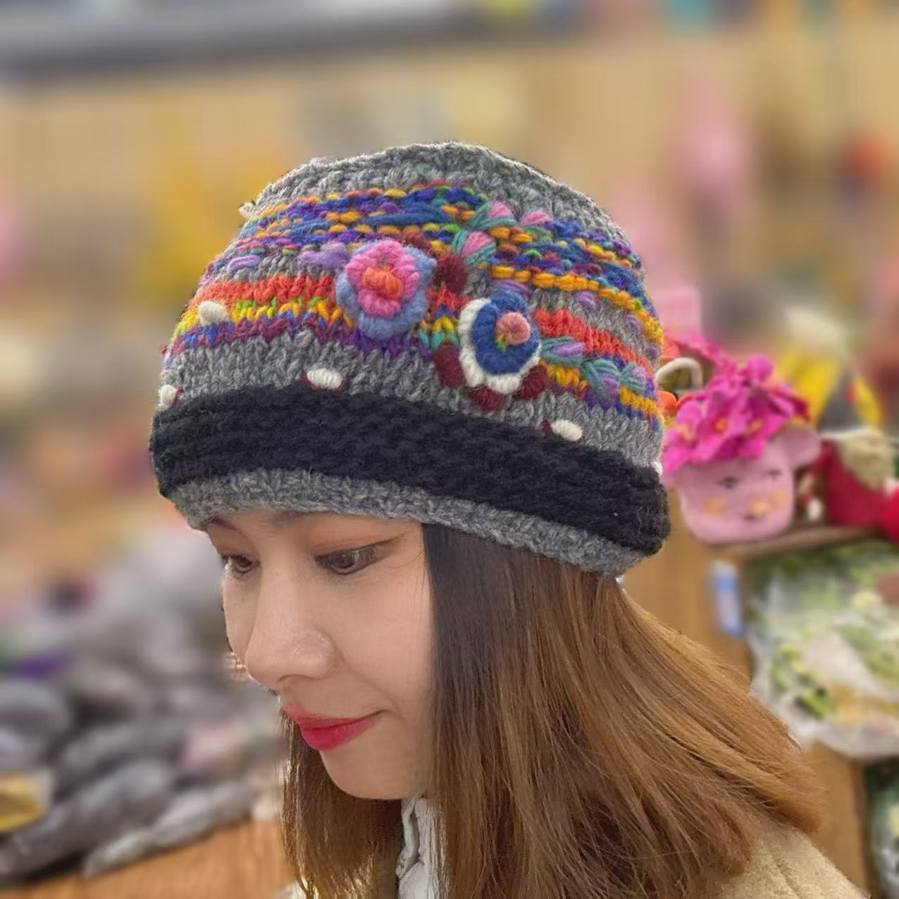 Handmade Wool Knitted Hairband - Grey Flowers