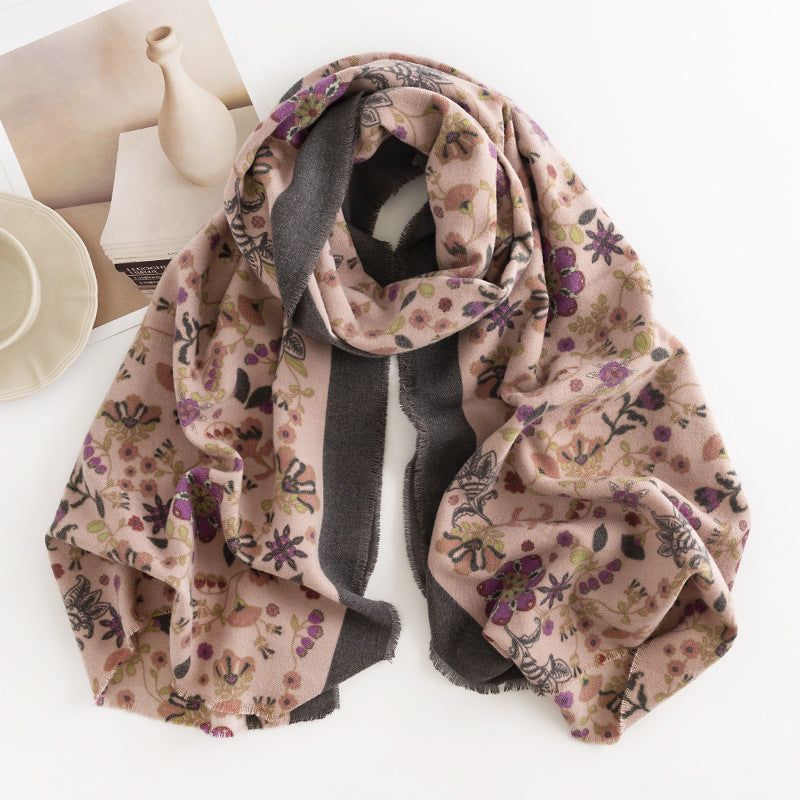 Beige Purple Flower Scarf