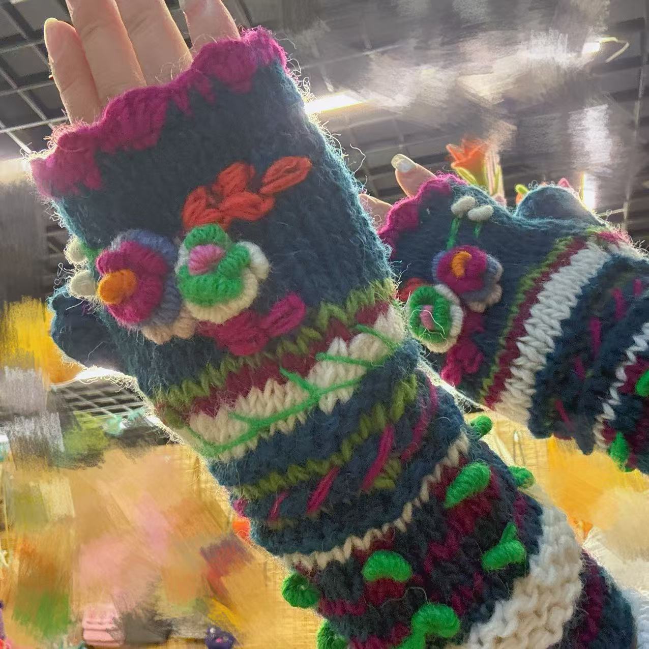 Handmade Wool Knitted Gloves - Blue Flowers