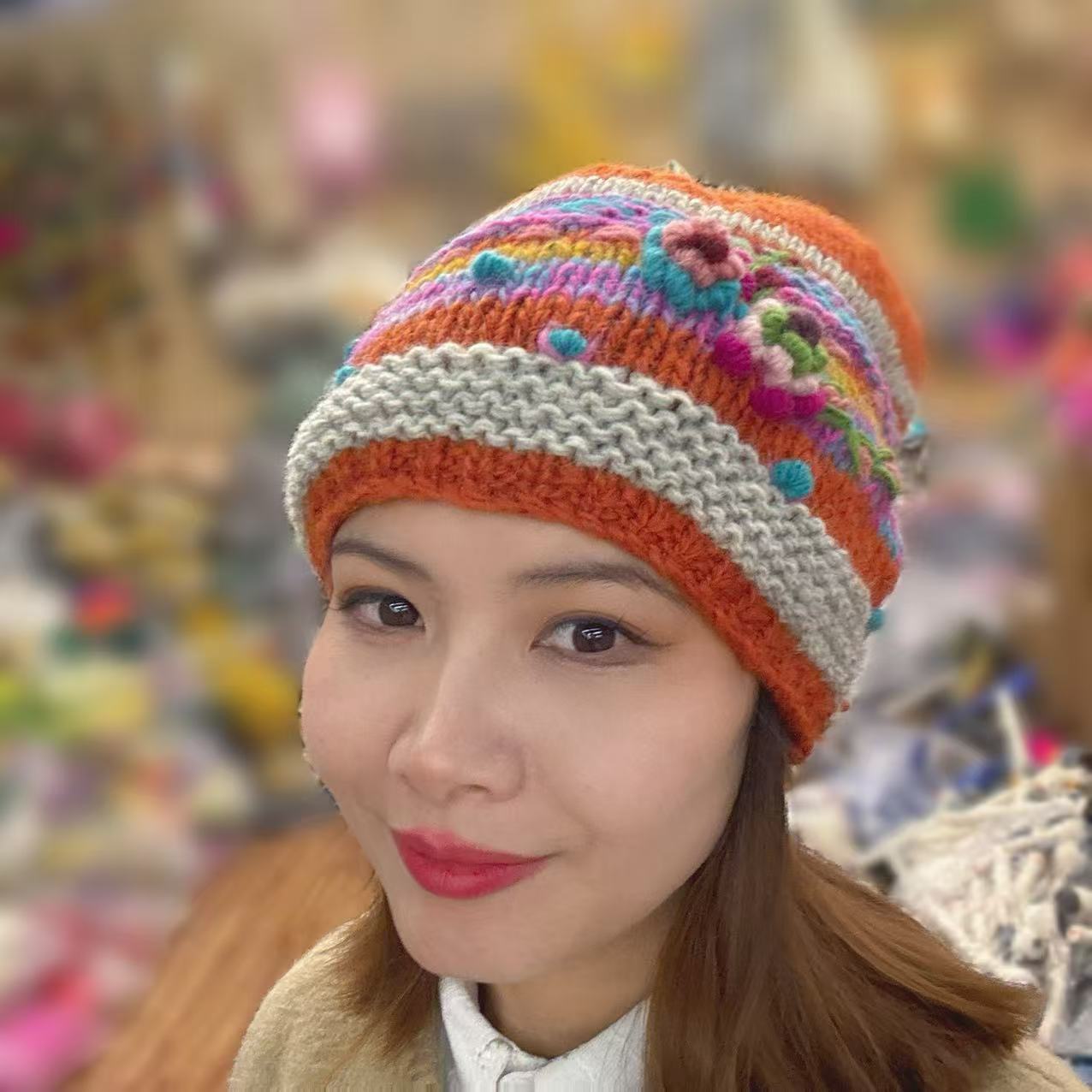 Handmade Wool Knitted Hat - Orange Flowers