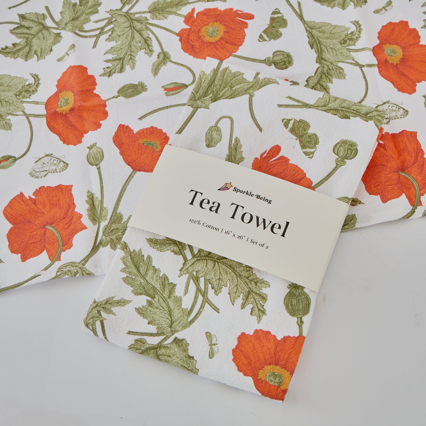 Cotton Tea Towels – Red Poppies with Butterflies Set of 2 | Floral Botanical Dish Towels