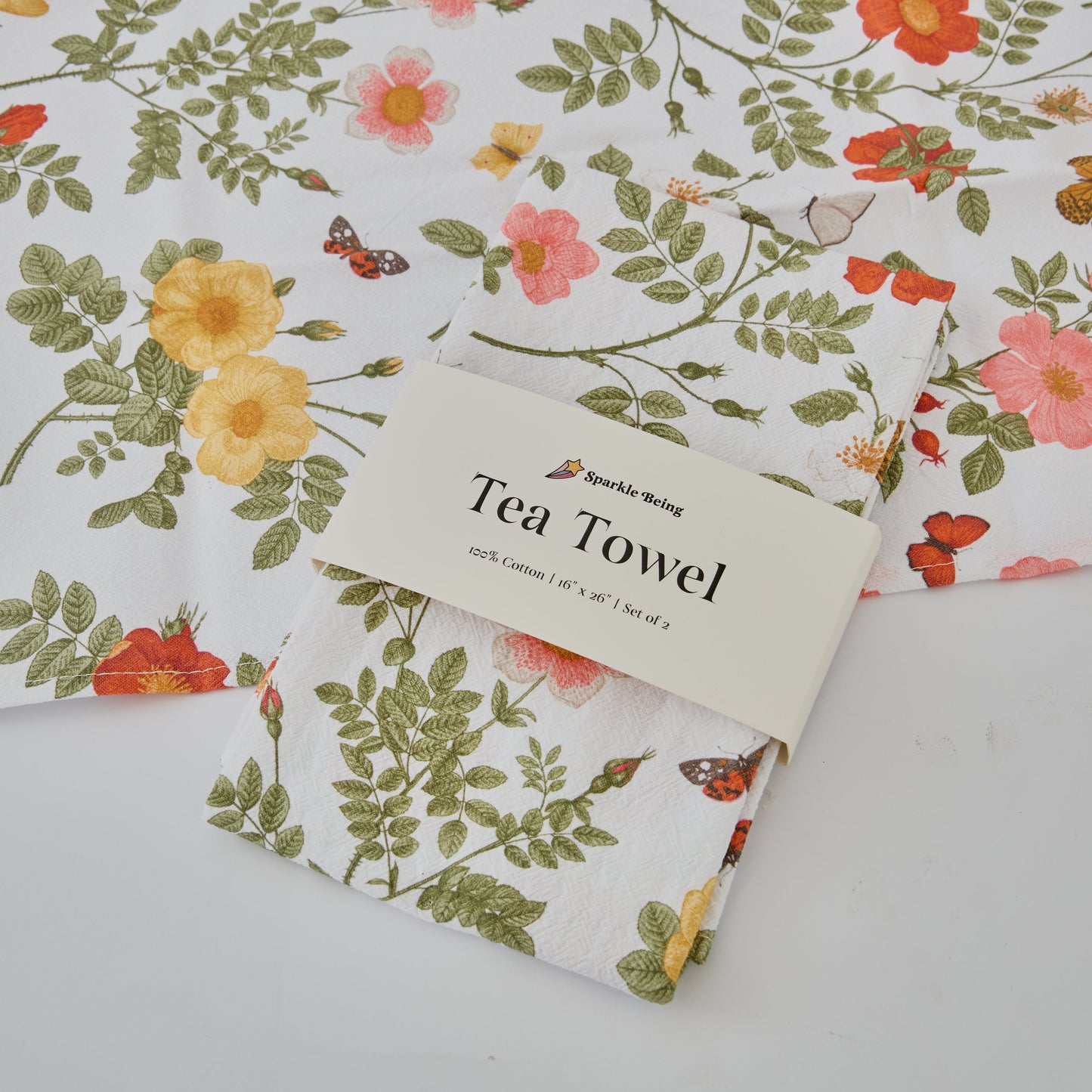 Cotton Tea Towels – Wild Roses with Butterflies Set of 2 | Floral Botanical Dish Towels
