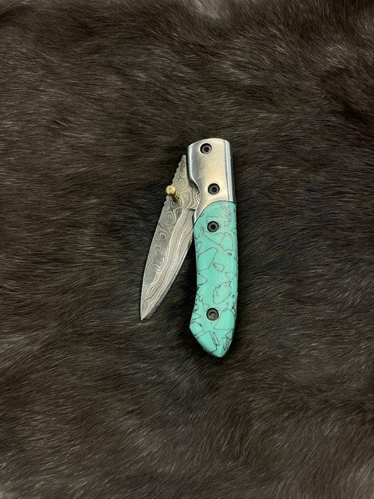Titan International - AzureGlide Damascus Steel Turquoise (Resin) Pocket Knife
