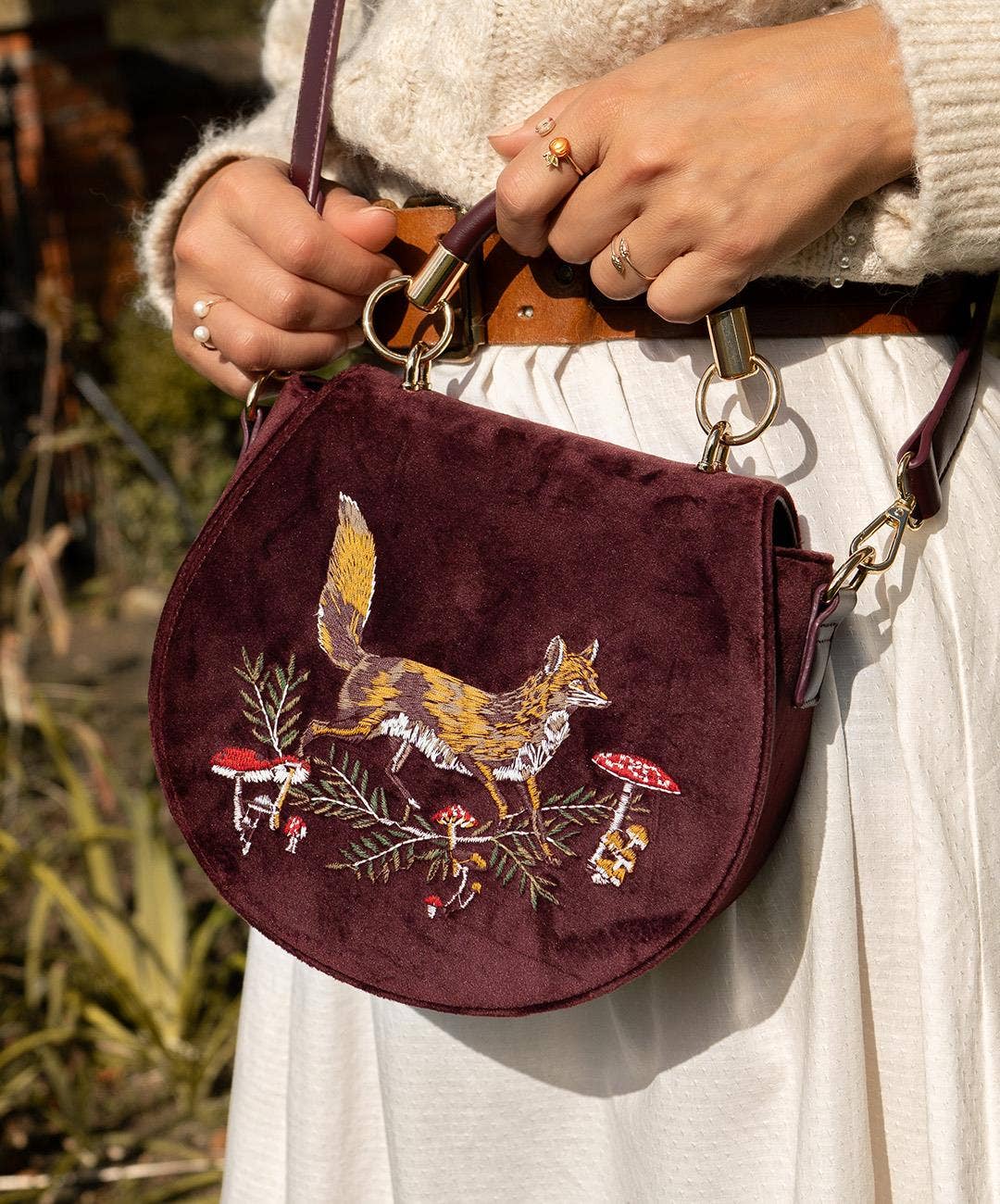 Fable England - FABLE Fox & Mushroom Embroidered Velvet Saddle Purse