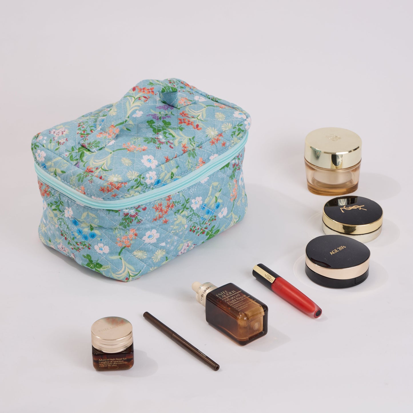 Wildflower Floral Quilted Makeup Bag - Small Pouch Travel Toiletry Organizer