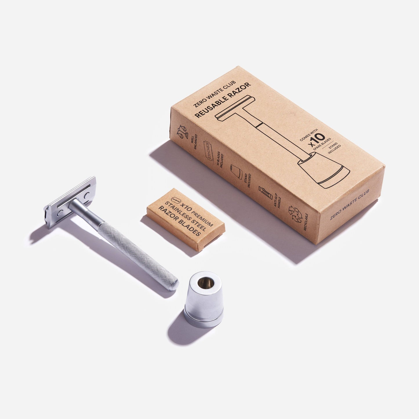 Reusable Safety Razor with Stand - 10 Blades Included: Matte Grey