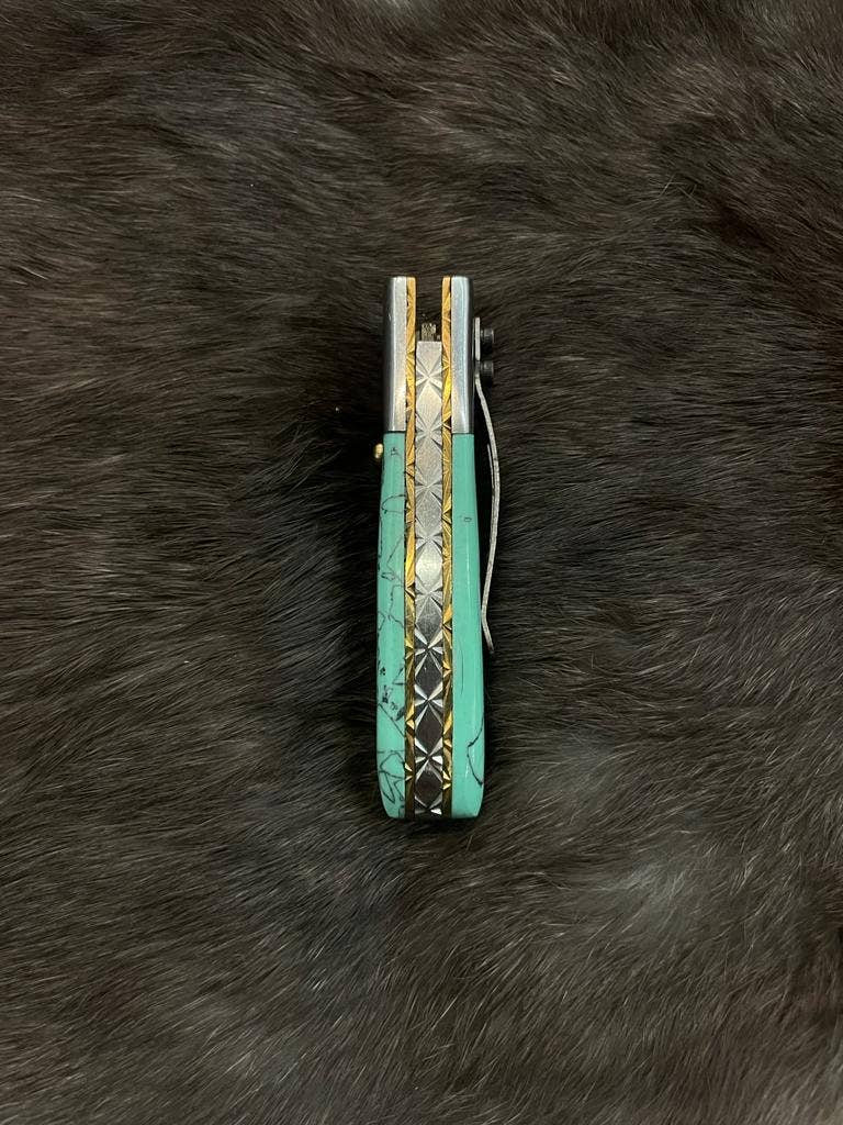 Titan International - AzureGlide Damascus Steel Turquoise (Resin) Pocket Knife