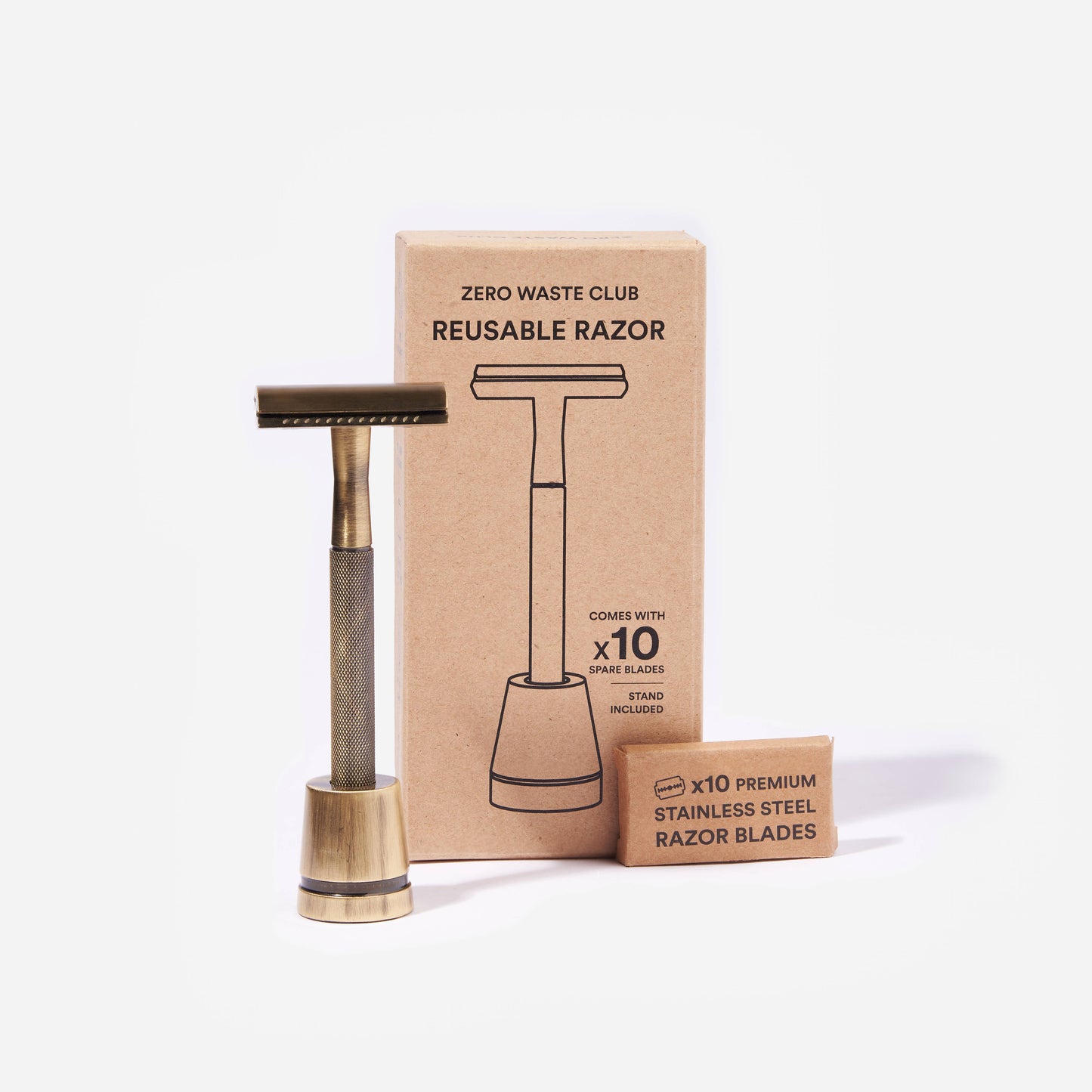 Reusable Safety Razor with Stand - 10 Blades Included: Matte Silver