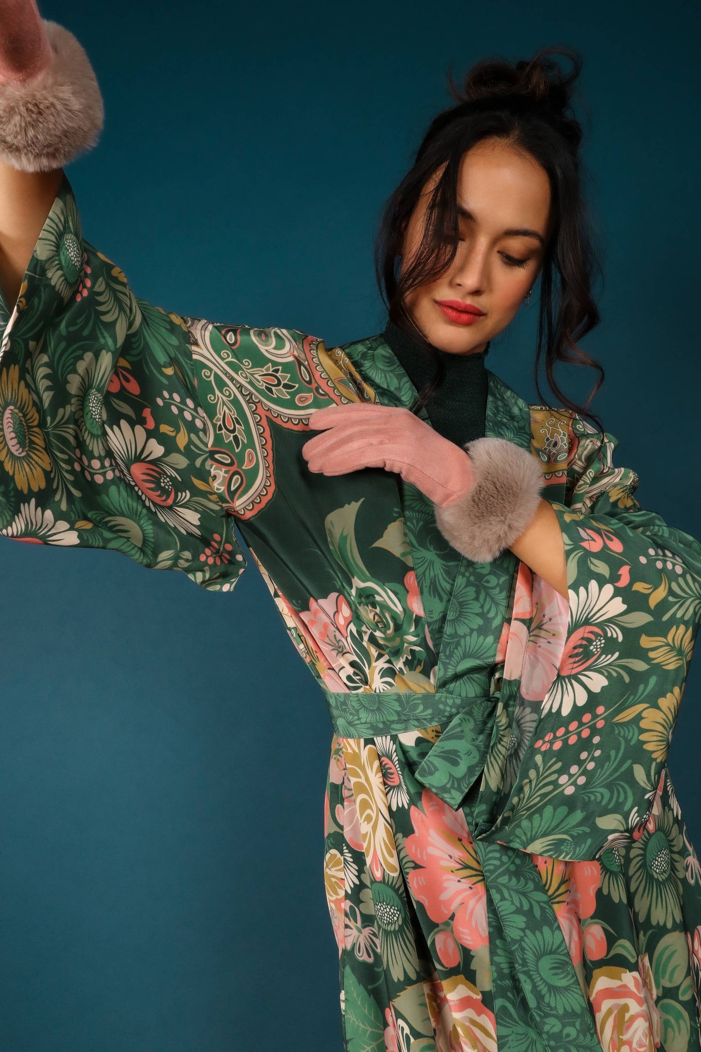 Powder Design inc - Luxe Folk Art Floral Kimono Gown - Fern