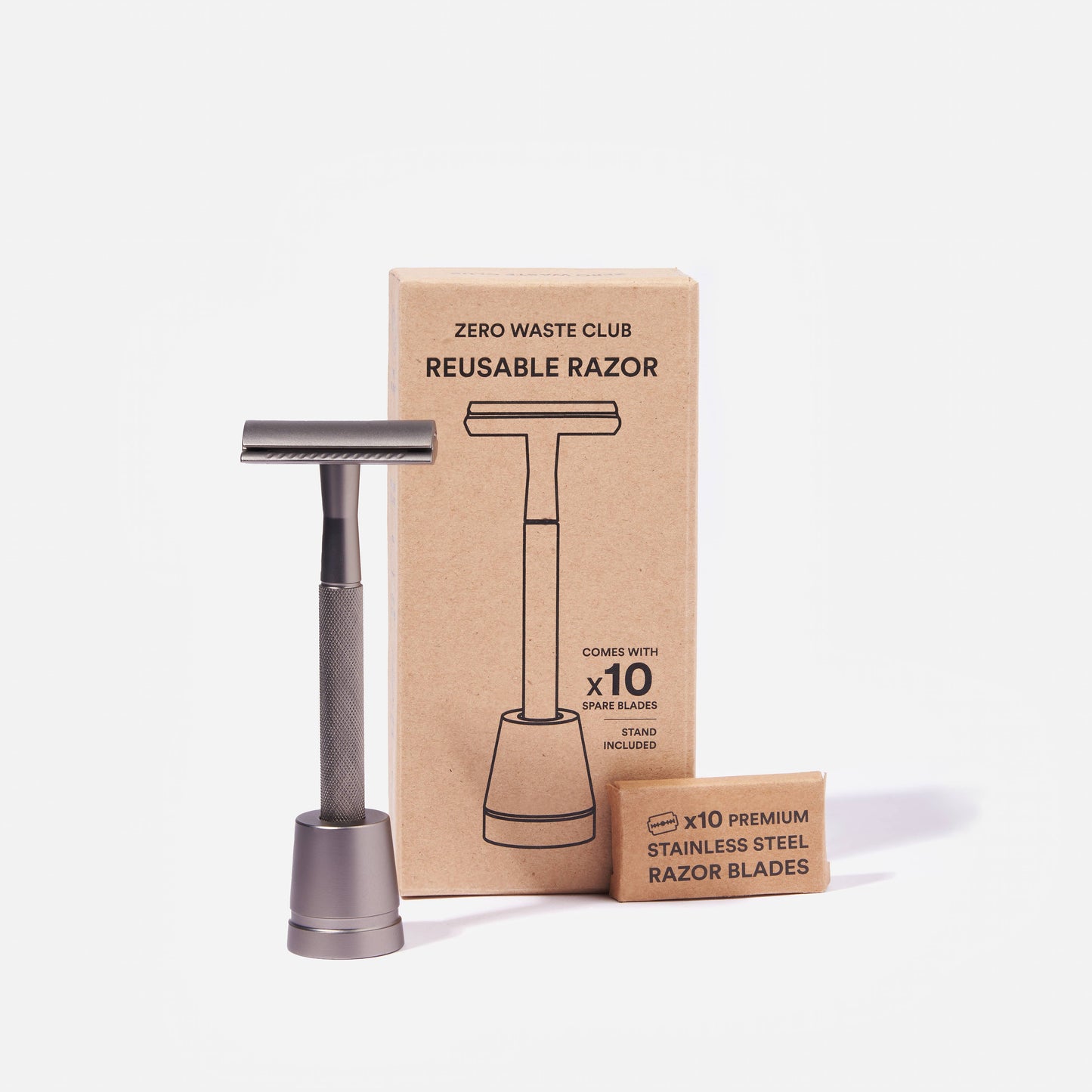 Reusable Safety Razor with Stand - 10 Blades Included: Matte Grey