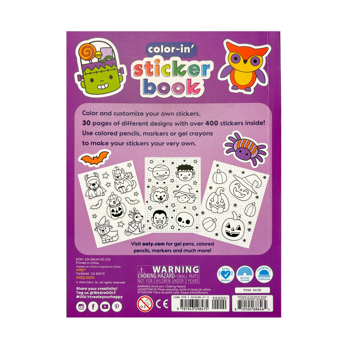 OOLY - Stickiville Color-in' Sticker Book - Cute n Spooky Doodles - 30 Sheets