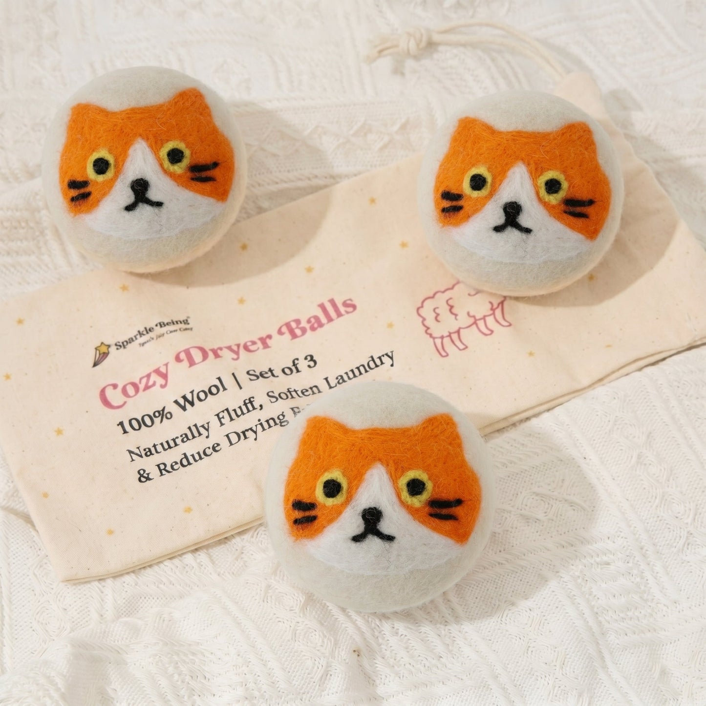 Orange Cat Eco Wool Laundry Dryer Balls - Set of 3
