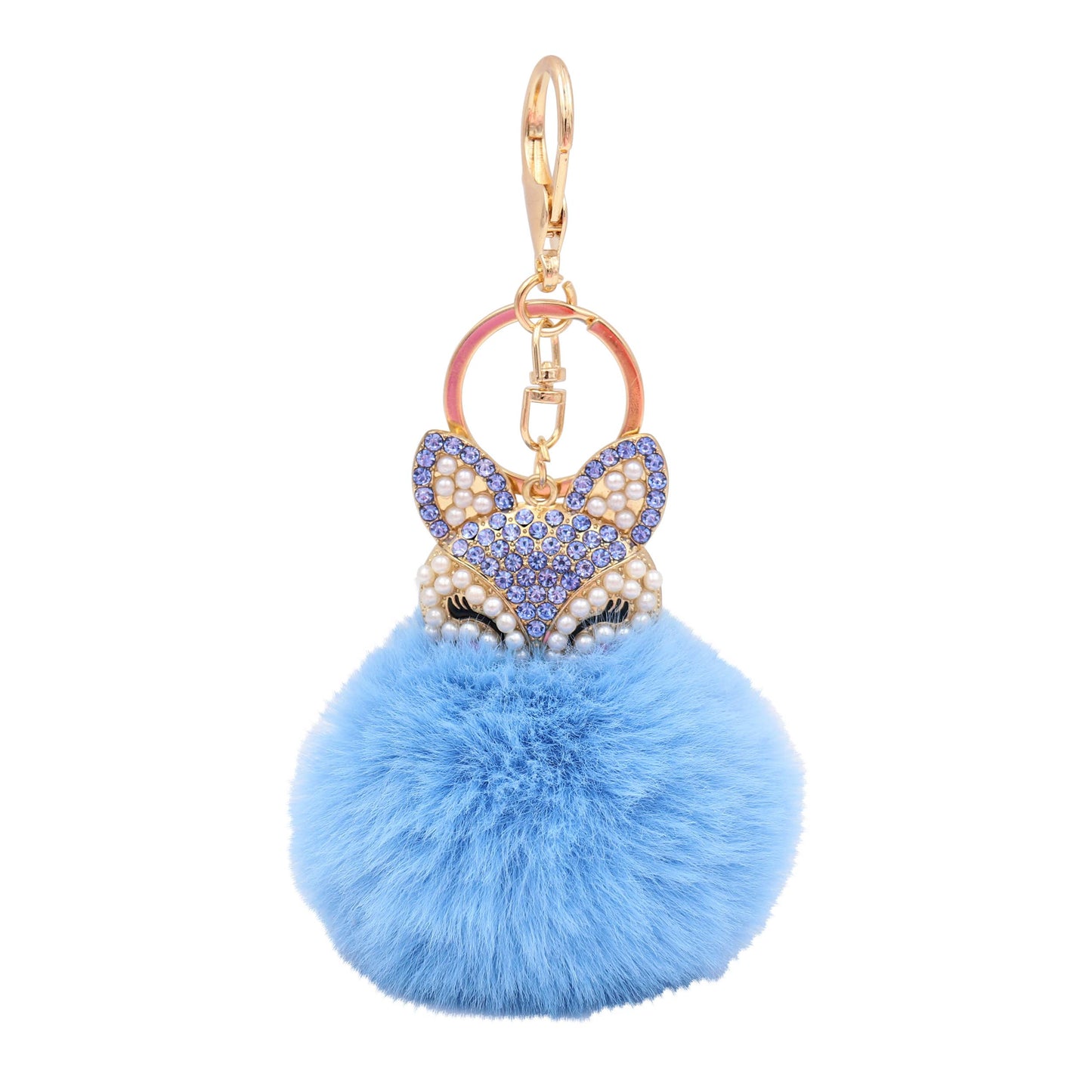 Image of Real Sic Blue Faux Fur Fuzzy Animal Fox Pom Pom Key chain - Fox Kechain