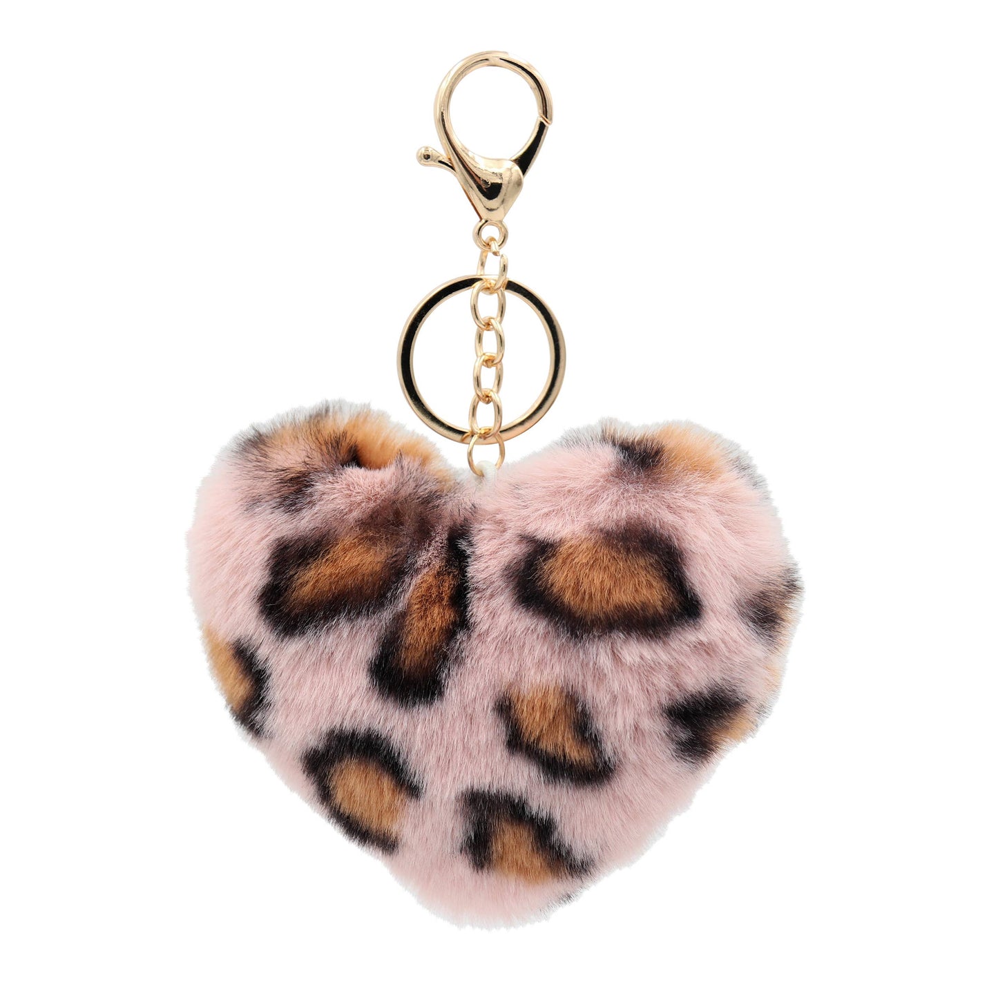 Image of Real Sic Pink Leopard Pom Pom Fuzzy Heart Key Chain for girl's bag and purse