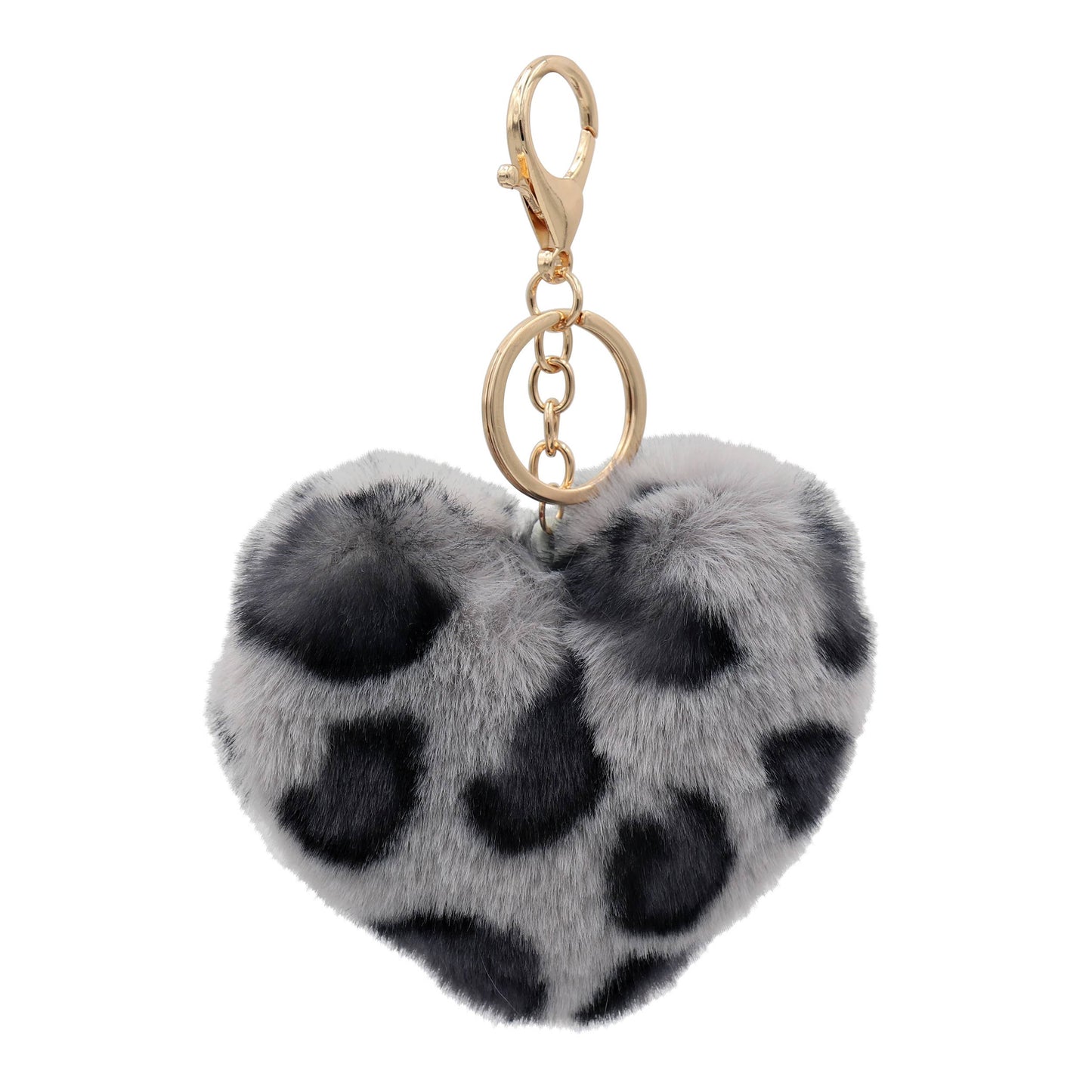 Image of Real Sic Grey Leopard Pom Pom Fuzzy Heart Key Chain for girl's bag and purse