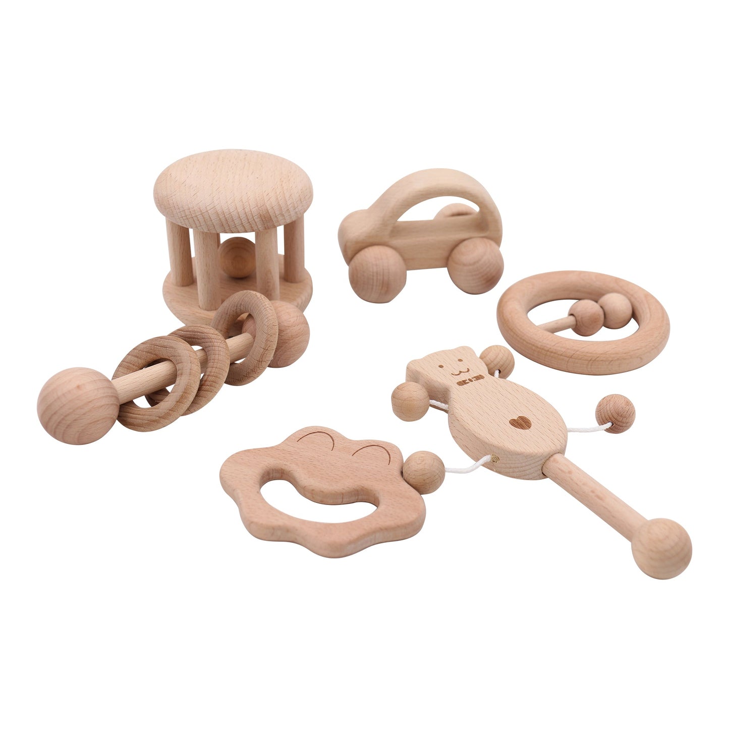 6 Pieces Sensory Development Wooden Baby Toys Set Montessori Wood Teething Toys Rattles for Babies 0-3 Years
