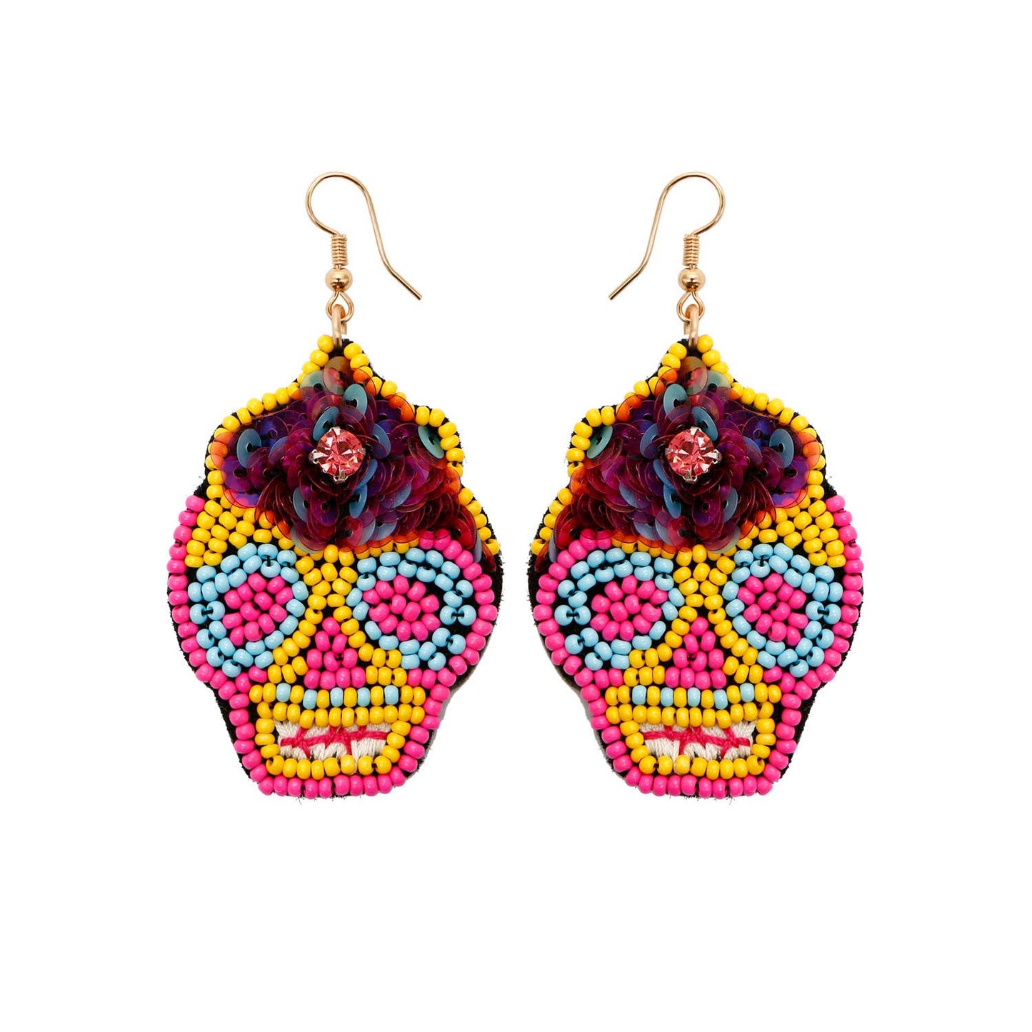 Image of Real Sic Yellow Statement Beaded Drop Earring For Halloween - Sugar Skull