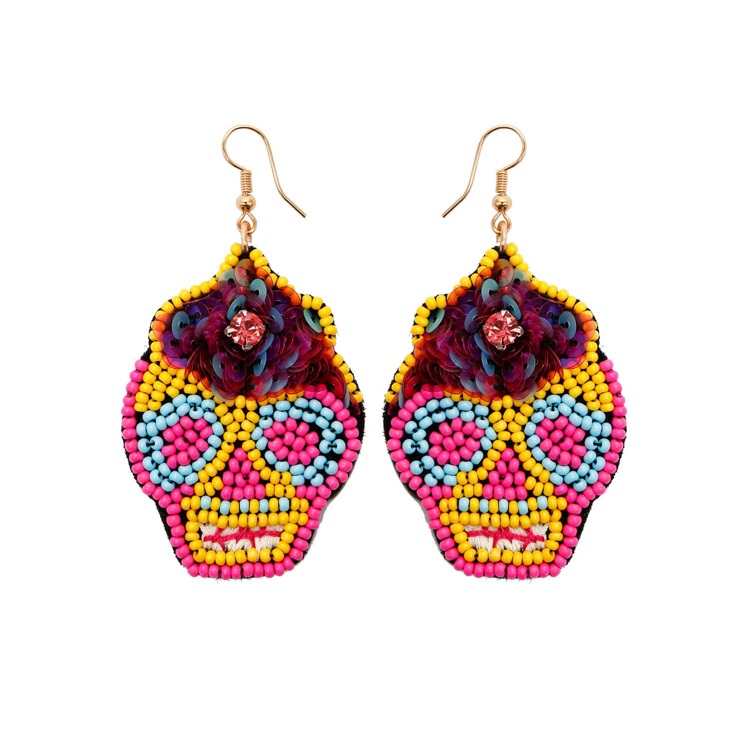 Image of Real Sic Yellow Statement Beaded Drop Earring For Halloween - Sugar Skull