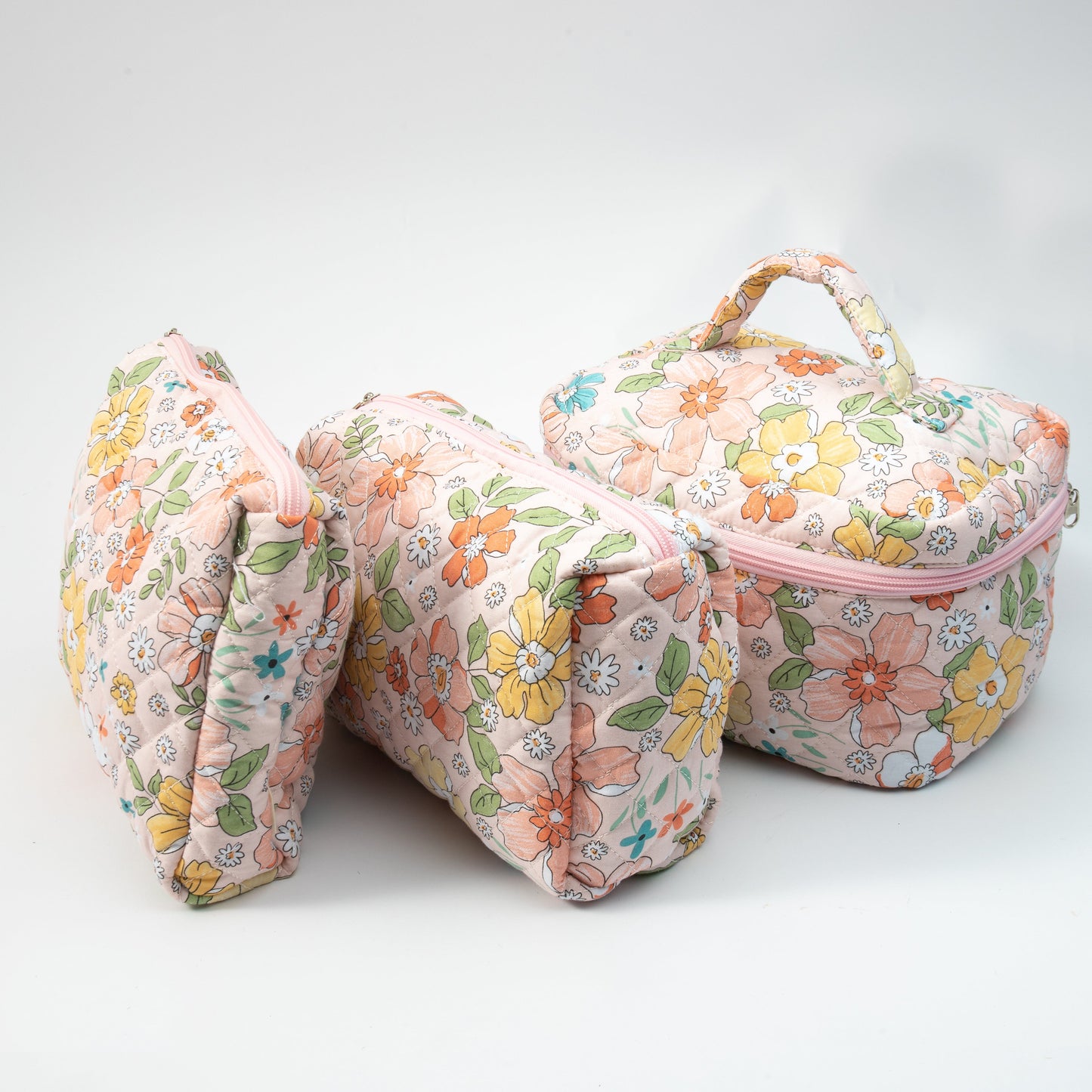 Small Cosmetic Bag With Floral Quilted Makeup Pouch - Travel Toiletry Organizer