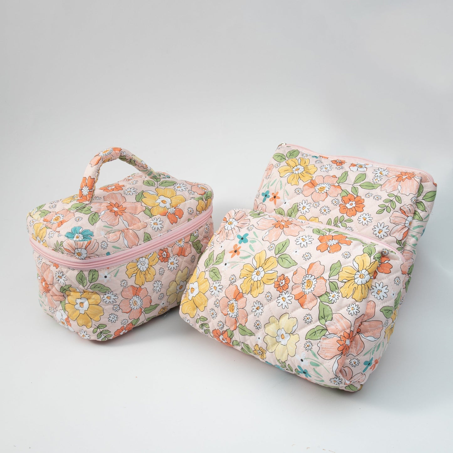 Small Cosmetic Bag With Floral Quilted Makeup Pouch - Travel Toiletry Organizer