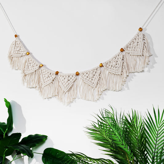 Hand Woven Cotton Macrame Wall Hanging Curtain Decor Banner With Wood Beaded
