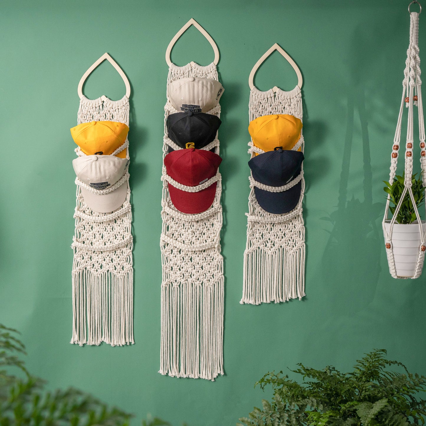 Handmade Macrame Baseball Cap Hanger, Wall Mounted Hat Display Rack